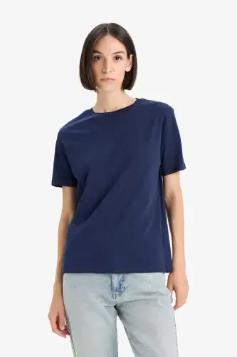 Regular Fit Crew Neck Basic Plain Jersey Short Sleeve T-Shirt-Navy Blue - 4