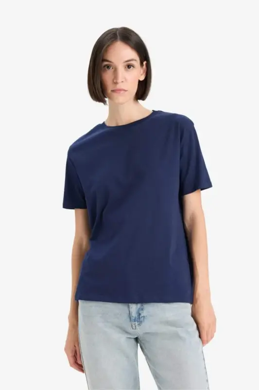 Regular Fit Crew Neck Basic Plain Jersey Short Sleeve T-Shirt-Navy Blue - 3