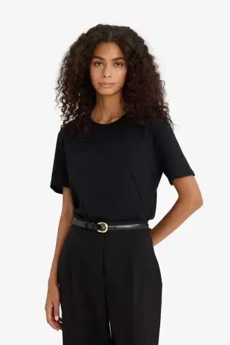 Regular Fit Crew Neck Basic Plain Knitted Short Sleeve Black T-Shirt-Black - 4