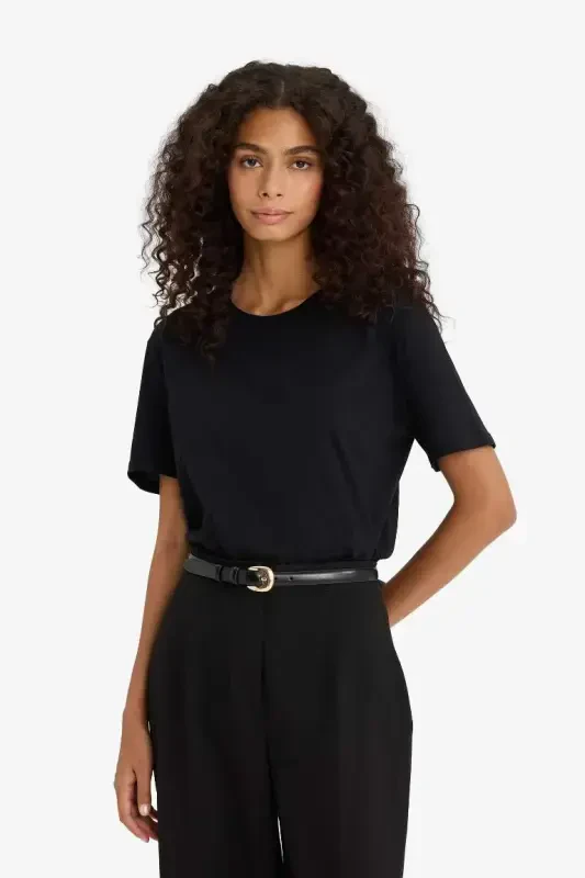 Regular Fit Crew Neck Basic Plain Knitted Short Sleeve Black T-Shirt-Black - 4