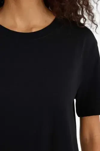 Regular Fit Crew Neck Basic Plain Knitted Short Sleeve Black T-Shirt-Black - 5