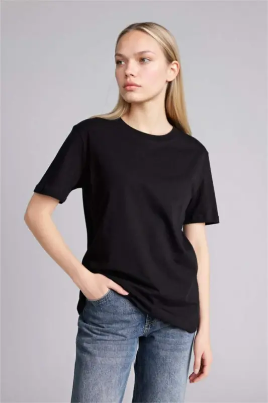 Regular Fit Crew Neck Basic Plain Knitted Short Sleeve Black T-Shirt-Black - 1