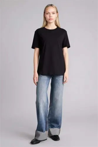 Regular Fit Crew Neck Basic Plain Knitted Short Sleeve Black T-Shirt-Black - DEFACTO (1)