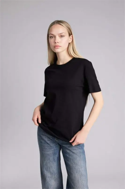 Regular Fit Crew Neck Basic Plain Knitted Short Sleeve Black T-Shirt-Black - 3