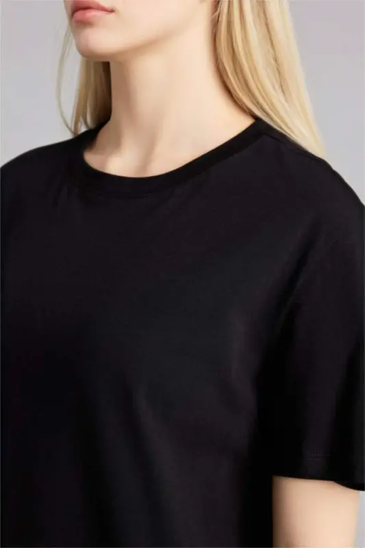 Regular Fit Crew Neck Basic Plain Knitted Short Sleeve Black T-Shirt-Black - 4