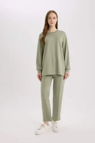 Regular Fit Crew Neck Basic Plain Modest Sweatshirt Tunic-Light Khaki - 4