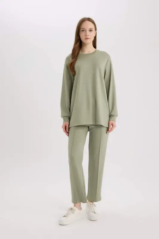 Regular Fit Crew Neck Basic Plain Modest Sweatshirt Tunic-Light Khaki - 4