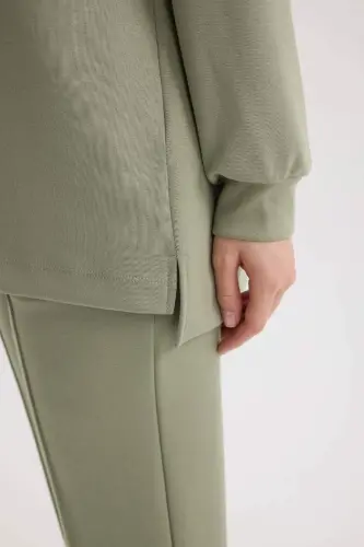 Regular Fit Crew Neck Basic Plain Modest Sweatshirt Tunic-Light Khaki - 5