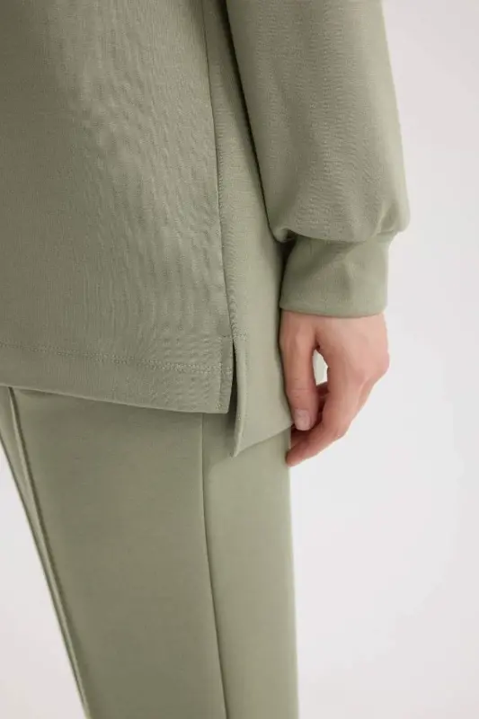 Regular Fit Crew Neck Basic Plain Modest Sweatshirt Tunic-Light Khaki - 5