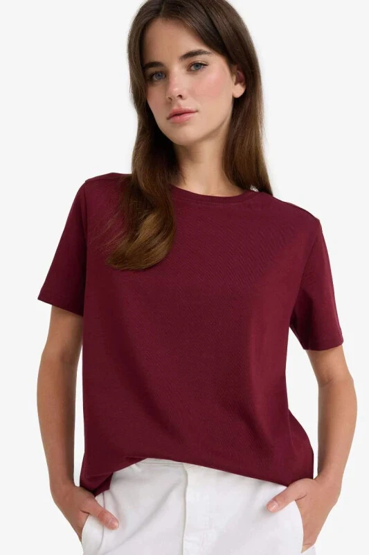 Regular Fit Crew Neck Basic Plain Premium Short Sleeve T-Shirt-Burgundy - DEFACTO