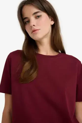 Regular Fit Crew Neck Basic Plain Premium Short Sleeve T-Shirt-Burgundy - 5