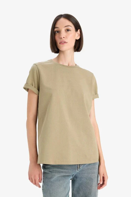 Regular Fit Crew Neck Basic Plain Premium Short Sleeve T-Shirt-Khaki - 1