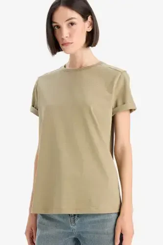 Regular Fit Crew Neck Basic Plain Premium Short Sleeve T-Shirt-Khaki - 4