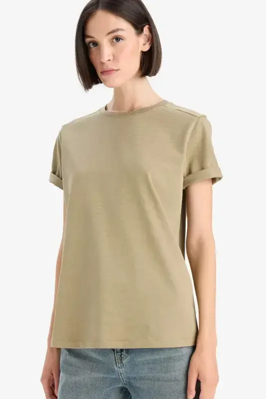 Regular Fit Crew Neck Basic Plain Premium Short Sleeve T-Shirt-Khaki - 4