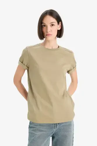 Regular Fit Crew Neck Basic Plain Premium Short Sleeve T-Shirt-Khaki - 6