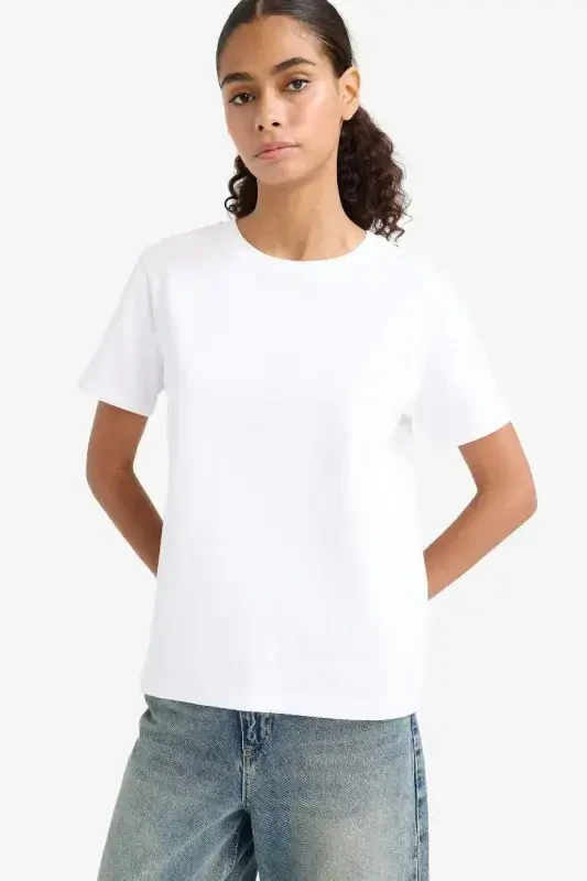 Regular Fit Crew Neck Basic Plain Premium Short Sleeve T-Shirt-White - 3