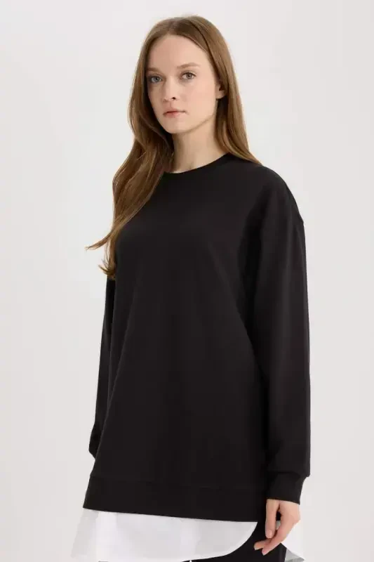 Regular Fit Crew Neck Basic Plain Sweatshirt Tunic-Black - 1