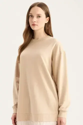 Regular Fit Crew Neck Basic Plain Sweatshirt Tunic-Stone - 1