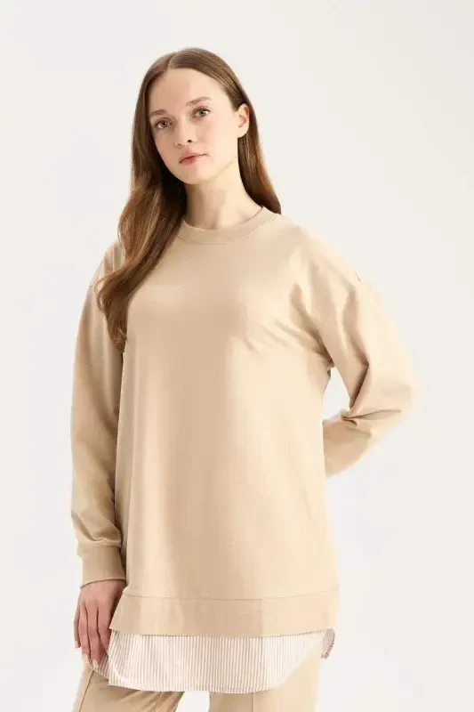 Regular Fit Crew Neck Basic Plain Sweatshirt Tunic-Stone - 3