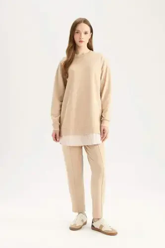 Regular Fit Crew Neck Basic Plain Sweatshirt Tunic-Stone - 6