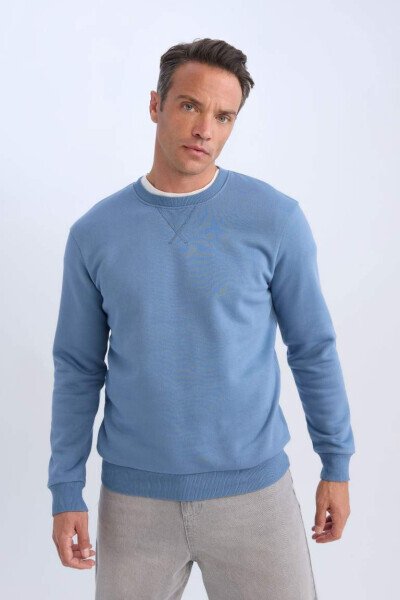 Regular Fit Crew Neck Basic Plain Thick Sweatshirt Indigo 