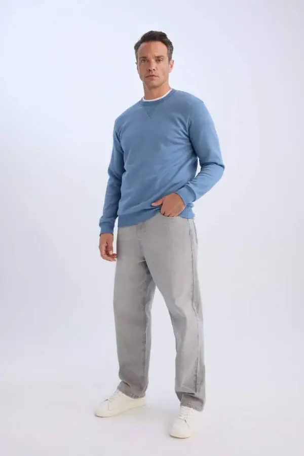 Regular Fit Crew Neck Basic Plain Thick Sweatshirt Indigo - 2