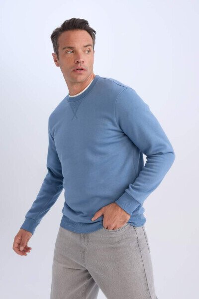Regular Fit Crew Neck Basic Plain Thick Sweatshirt Indigo - 3