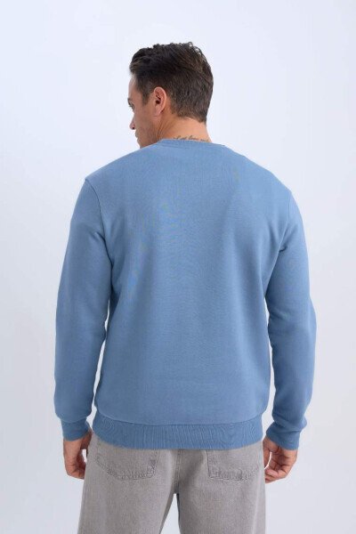 Regular Fit Crew Neck Basic Plain Thick Sweatshirt Indigo - 5