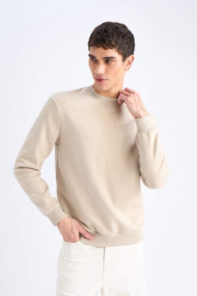 Regular Fit Crew Neck Basic Plain Thick Sweatshirt Stone - 3