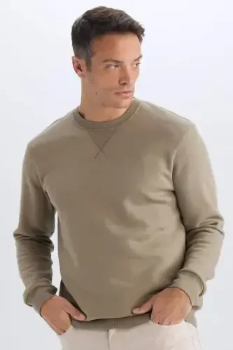 Regular Fit Crew Neck Basic Thick Sweatshirt Moss Green - 2