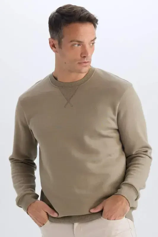 Regular Fit Crew Neck Basic Thick Sweatshirt Moss Green - 2