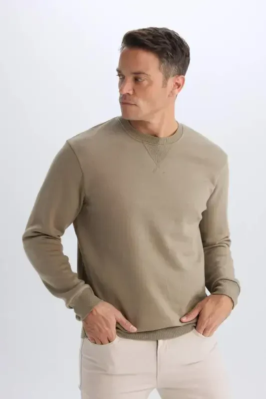 Regular Fit Crew Neck Basic Thick Sweatshirt Moss Green - 5