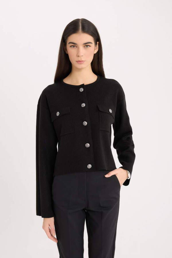 Regular Fit Crew Neck Button Down Cardigan Black - 3