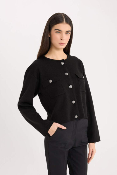 Regular Fit Crew Neck Button Down Cardigan Black - 4