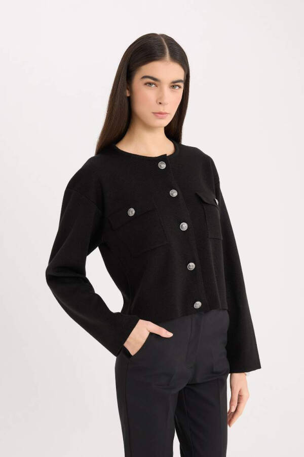 Regular Fit Crew Neck Button Down Cardigan Black - 4