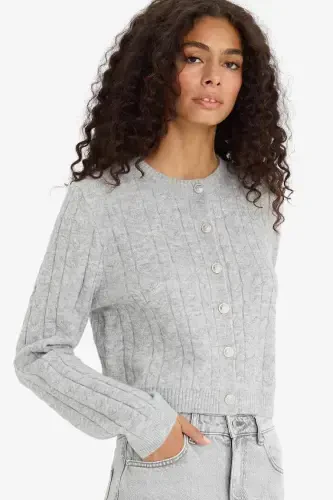 Regular Fit Crew Neck Cable Knit Buttoned Cardigan-Optical Gray Melange - 1