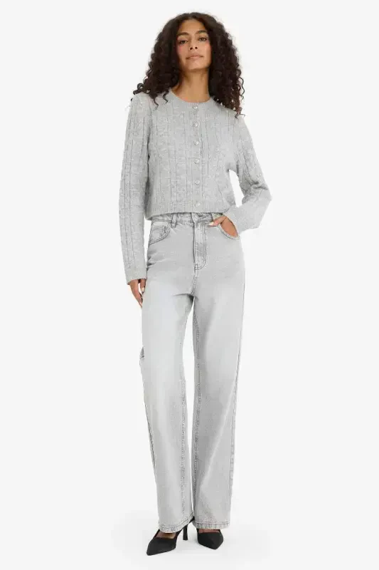 Regular Fit Crew Neck Cable Knit Buttoned Cardigan-Optical Gray Melange - 2