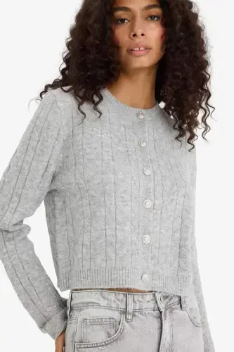 Regular Fit Crew Neck Cable Knit Buttoned Cardigan-Optical Gray Melange - 4