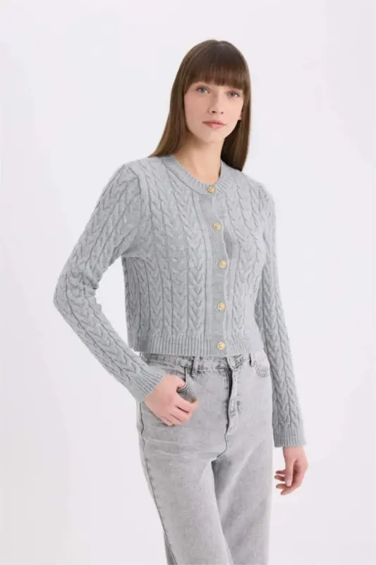 Regular Fit Crew Neck Cable Knit Buttoned Cardigan-Optical Gray Melange - 3