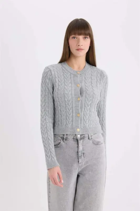 Regular Fit Crew Neck Cable Knit Buttoned Cardigan-Optical Gray Melange - 4