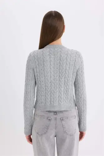 Regular Fit Crew Neck Cable Knit Buttoned Cardigan-Optical Gray Melange - 6