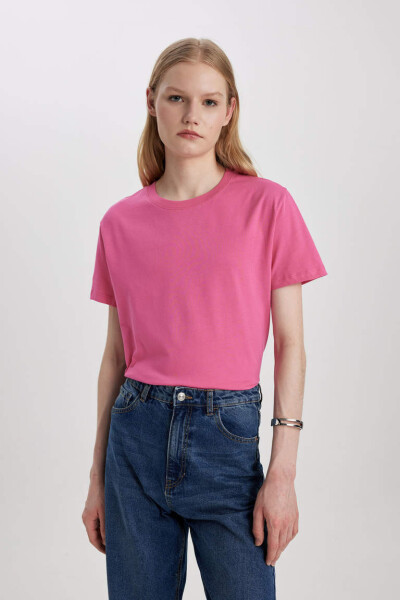 Regular Fit Crew Neck Cotton Basic Short Sleeve T-Shirt Pink - 1