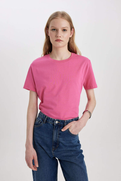 Regular Fit Crew Neck Cotton Basic Short Sleeve T-Shirt Pink - 3