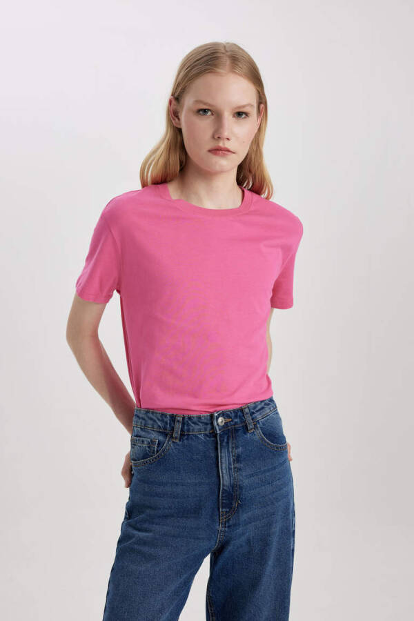 Regular Fit Crew Neck Cotton Basic Short Sleeve T-Shirt Pink - 4