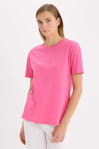 Regular Fit Crew Neck Cotton Basic Short Sleeve T-Shirt Pink - 1