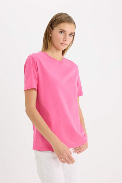 Regular Fit Crew Neck Cotton Basic Short Sleeve T-Shirt Pink - 3