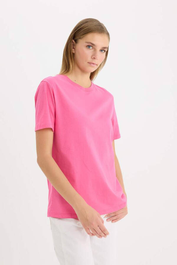 Regular Fit Crew Neck Cotton Basic Short Sleeve T-Shirt Pink - 3