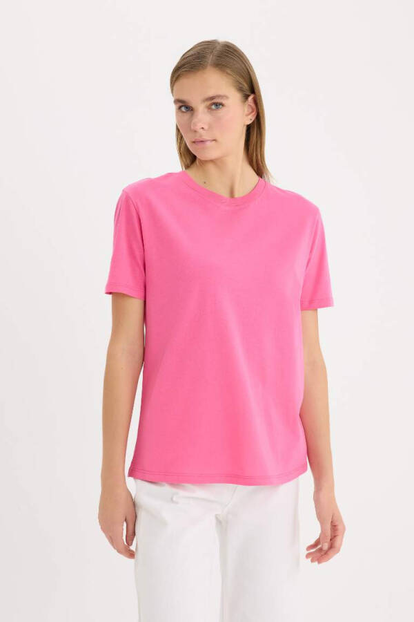 Regular Fit Crew Neck Cotton Basic Short Sleeve T-Shirt Pink - 4