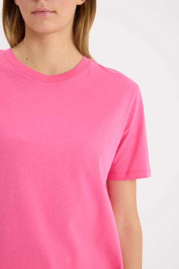 Regular Fit Crew Neck Cotton Basic Short Sleeve T-Shirt Pink - 5