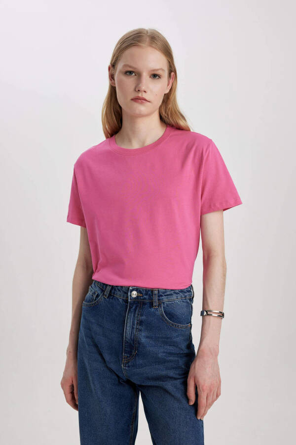 Regular Fit Crew Neck Cotton Basic Short Sleeve T-Shirt Pink - 7